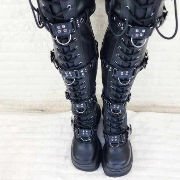 Shaker 420 Black sTRETCH 4.5" Wedge Heel OTK Thigh Boots Skulls Zippers NY DEMON - Picture 12 of 16
